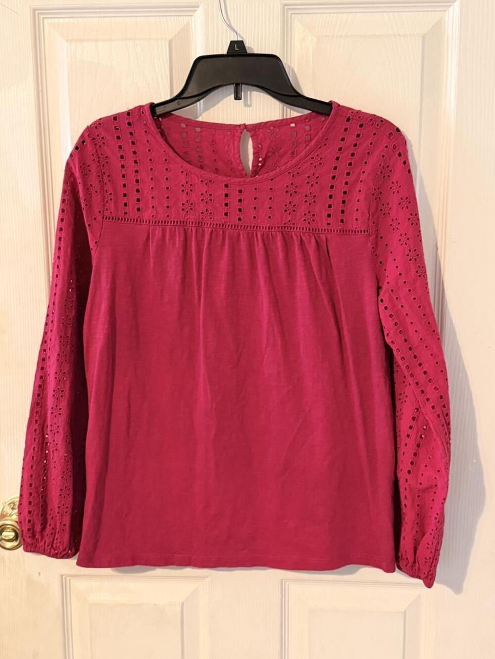 St.John's Bay Cottagecore Magenta Eyelet Detail 100% Cotton Fall Blouse